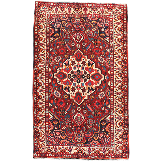 Bakhtiari Persian Rug 8x5 ft - Semi Antique Medallion Blue, Crimson Hand Knotted | front view | SKU 111333