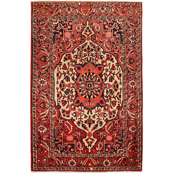Bakhtiari Persian Rug 8x5 ft - Semi Antique Medallion Blue, Crimson Hand Knotted | front view | SKU 111334