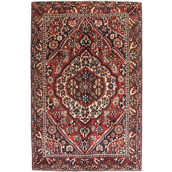 Bakhtiari Persian Rug 8x5 ft - Semi Antique Medallion Toranj, Geometric Madder Red, Cream, Navy Blue Hand Knotted | front view | SKU 111355