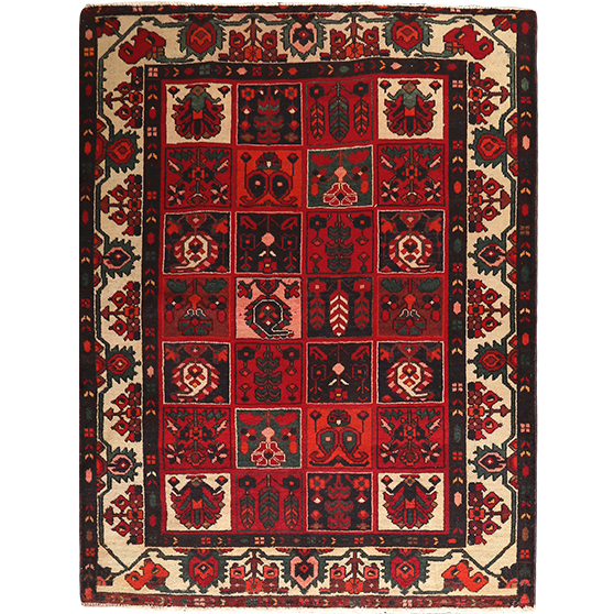 Bakhtiari Persian Rug 7'1" x 5'3" - Semi Antique Medallion Blue, Crimson Hand Knotted | front view | SKU 111356