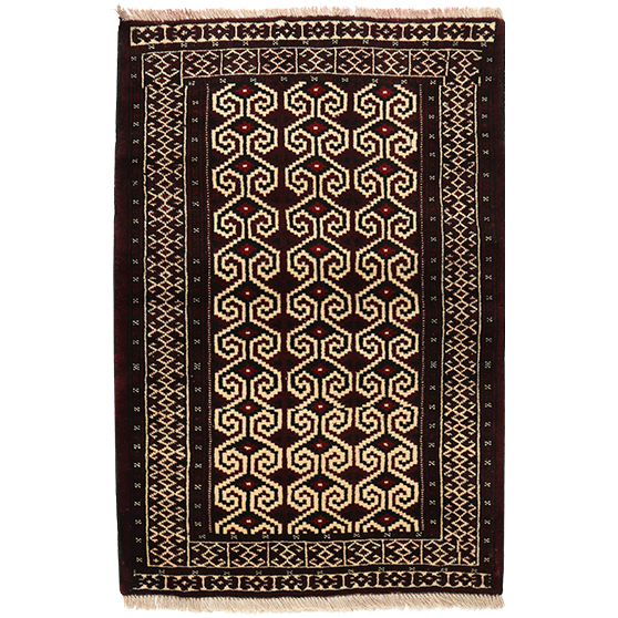 Turkmen Persian Rug 3'11" x 2'7" - Semi Antique Geometric Crimson, Navy Blue Hand Knotted | front view | SKU 111360