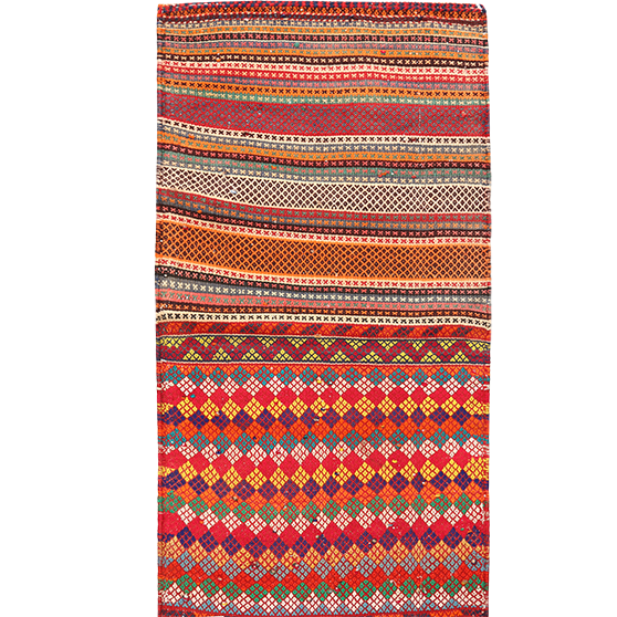 Shiraz Persian Rug 4x2 ft - Semi Antique Moharramat Striped, Geometric Red, Orange, Burgundy Hand Knotted | front view | SKU 111361