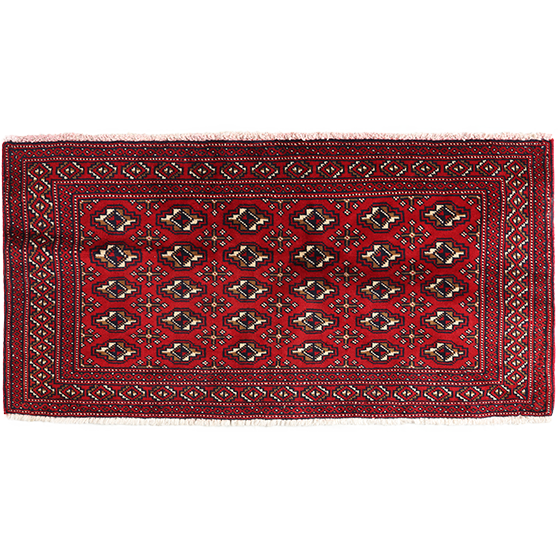 Turkmen Persian Rug 4x1 ft - Semi Antique Geometric Crimson, Navy Blue Hand Knotted | front view | SKU 111366