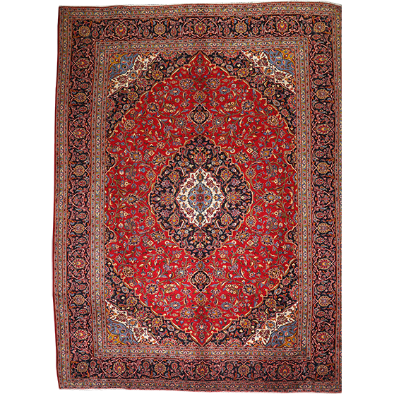 Kashan Persian Rug 13'1" x 9'10" - Semi Antique Medallion Crimson, Navy Blue Hand Knotted | front view | SKU 111374