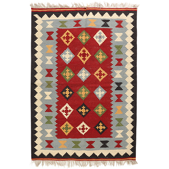Shiraz Persian Rug 5x3 ft - Semi Antique Geometric, Diamond Lattice Red, Cream, Black Hand Knotted | front view | SKU 111377