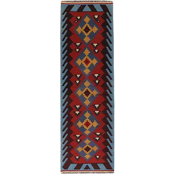 Shiraz Persian Rug 6x1 ft - Semi Antique Geometric Blue, Red Hand Knotted | front view | SKU 111378