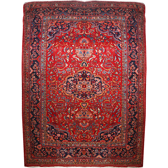 Lilihan Persian Rug 14x10 ft - Semi Antique Medallion Toranj, Herati Mahi Madder Red, Navy Blue, Indigo Hand Knotted | front view | SKU 111379