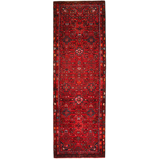 Hosseinabad Persian Rug 10x3 ft - Semi Antique Medallion Crimson, Ivory Hand Knotted | front view | SKU 111380