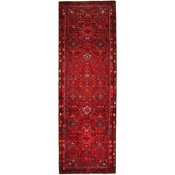 Hosseinabad Persian Rug 10'6" x 3'3" - Semi Antique Medallion Crimson, Ivory Hand Knotted | front view | SKU 111380
