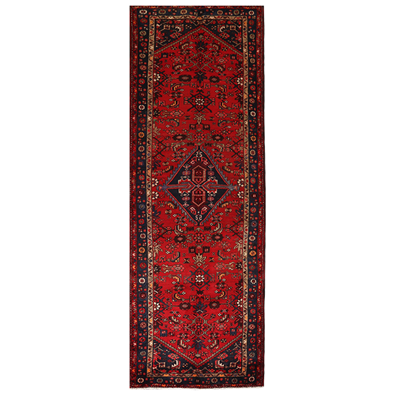 Hosseinabad Persian Rug 10'2" x 3'5" - Semi Antique Medallion Crimson, Ivory Hand Knotted | front view | SKU 111381