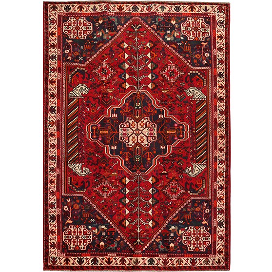 Shiraz Persian Rug 9x6 ft - Semi Antique Medallion Geometric Madder Red, Dark Red, Cream Hand Knotted | front view | SKU 111402