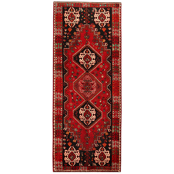 Shiraz Persian Rug 9x3 ft - Semi Antique Geometric Blue, Red Hand Knotted | front view | SKU 111407