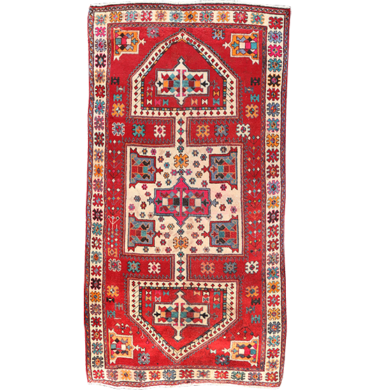 Shiraz Persian Rug 9x4 ft - Semi Antique Mihrab Prayer, Geometric Madder Red, Ivory, Navy Blue Hand Knotted | front view | SKU 111409