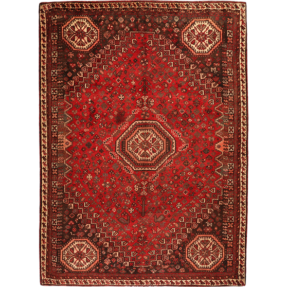 Shiraz Persian Rug 9'6" x 6'11" - Semi Antique Geometric Blue, Red Hand Knotted | front view | SKU 111411
