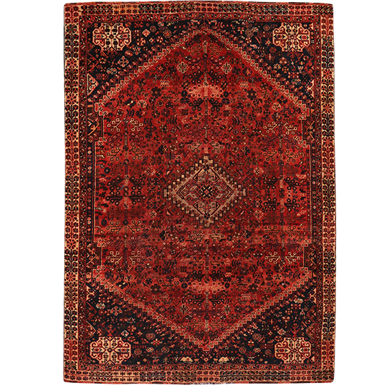 Shiraz Persian Rug 8'11" x 6'3" - Semi Antique Geometric Blue, Red Hand Knotted | front view | SKU 111415