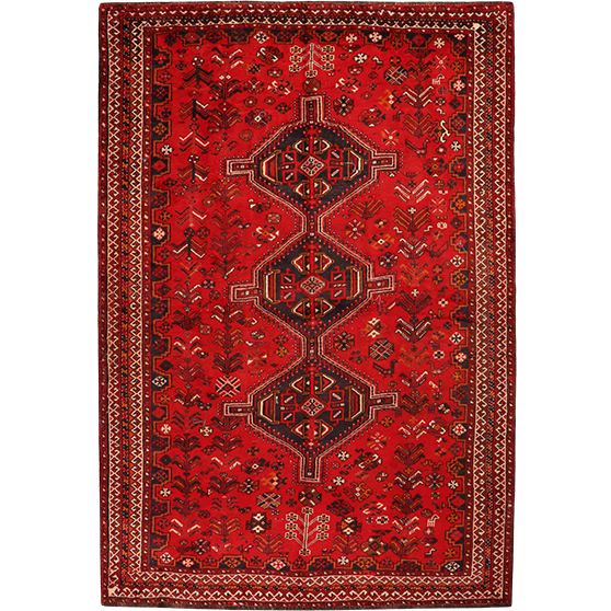 Shiraz Persian Rug 9x6 ft - Semi Antique Geometric Blue, Red Hand Knotted | front view | SKU 111417