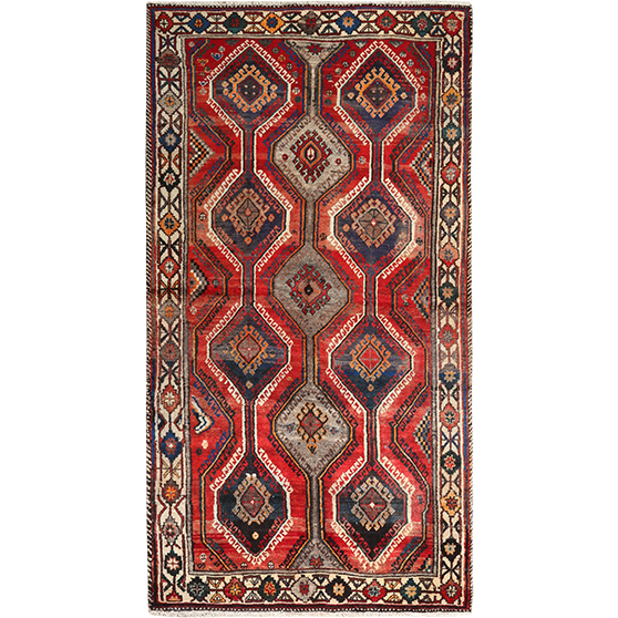Shiraz Persian Rug 9x4 ft - Semi Antique Diamond Lattice, Geometric Madder Red, Navy Blue, Cream Hand Knotted | front view | SKU 111420