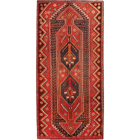 Shiraz Persian Rug 8x4 ft - Semi Antique Mihrab (Prayer), Geometric Red, Madder Red, Navy Blue Hand Knotted | front view | SKU 111421
