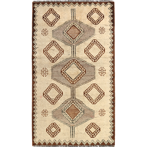 Shiraz Persian Rug 5x3 ft - Semi Antique Geometric, Diamond Lattice Cream, Brown, Taupe Hand Knotted | front view | SKU 111424