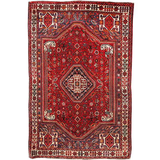 Shiraz Persian Rug 8'5" x 5'7" - Semi Antique Geometric Blue, Red Hand Knotted | front view | SKU 111428