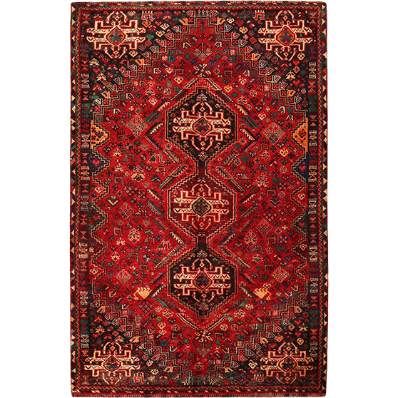 Shiraz Persian Rug 8x5 ft - Semi Antique Geometric Blue, Red Hand Knotted | front view | SKU 111432