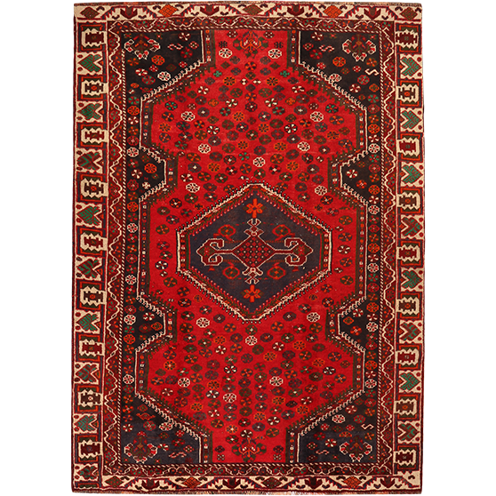 Shiraz Persian Rug 8x6 ft - Semi Antique Geometric Blue, Red Hand Knotted | front view | SKU 111433