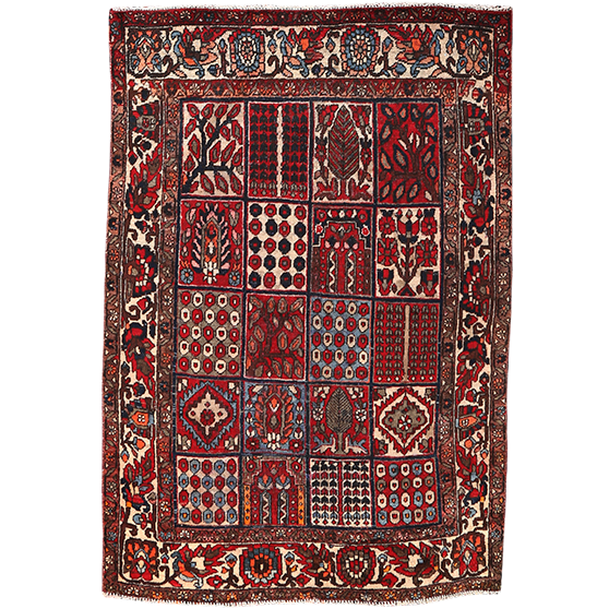 Bakhtiari Persian Rug 8'10" x 5'5" - Antique Medallion Blue, Crimson Hand Knotted | front view | SKU 111440