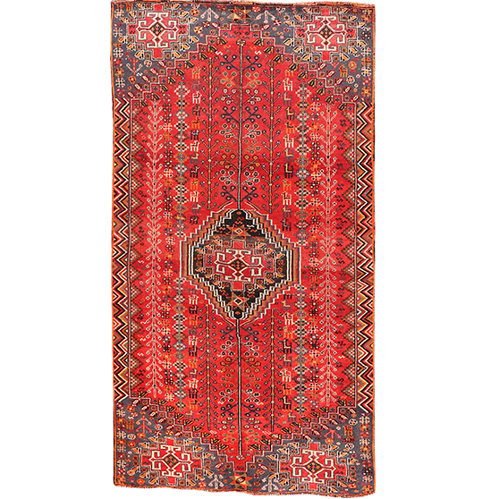 Shiraz Persian Rug 7x4 ft - Semi Antique Medallion (Toranj), Geometric Madder Red, Navy Blue, Cream Hand Knotted | front view | SKU 111442