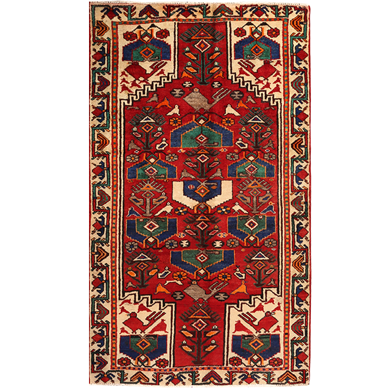Bakhtiari Persian Rug 7'7" x 4'3" - Semi Antique Medallion Blue, Crimson Hand Knotted | front view | SKU 111446