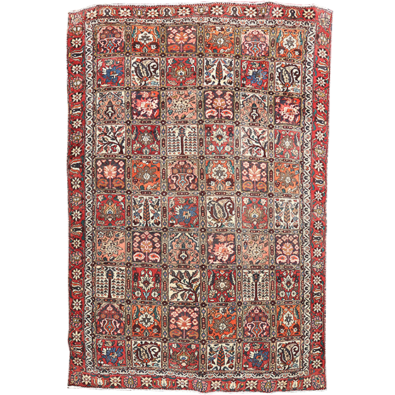 Bakhtiari Persian Rug 10x6 ft - Semi Antique Kheshti Garden, Geometric Madder Red, Crimson, Navy Blue Hand Knotted | front view | SKU 111447