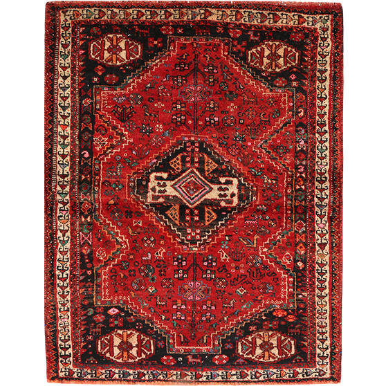 Shiraz Persian Rug 5x3 ft - Semi Antique Geometric Blue, Red Hand Knotted | front view | SKU 111449