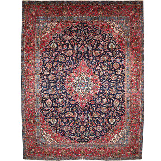 Kashan Persian Rug 13'10" x 10'4" - Semi Antique Medallion Crimson, Navy Blue Hand Knotted | front view | SKU 111453