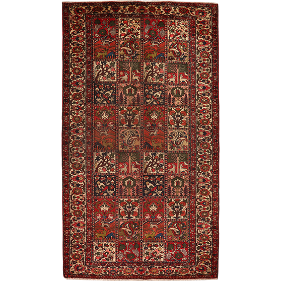 Bakhtiari Persian Rug 10x5 ft - Semi Antique Medallion Blue, Crimson Hand Knotted | front view | SKU 111459