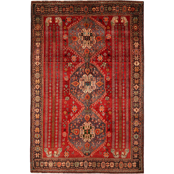 Qashqai Persian Rug 9x6 ft - Semi Antique Medallion Geometric Madder Red, Navy Blue, Cream Hand Knotted | front view | SKU 111460