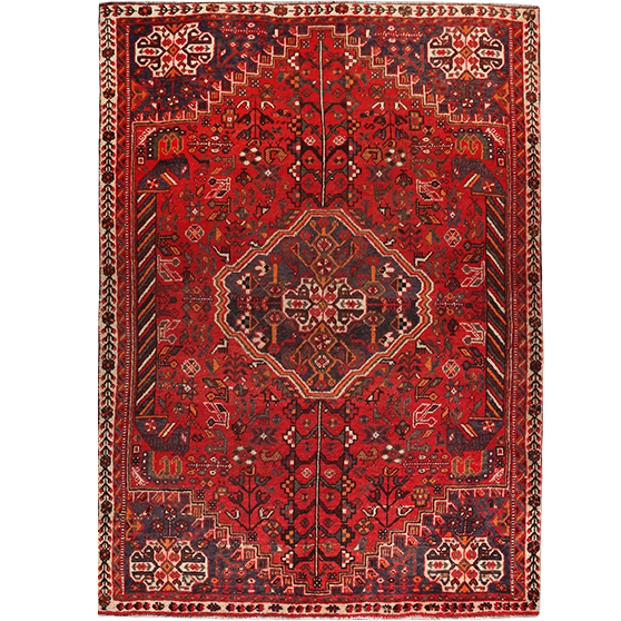 Shiraz Persian Rug 7x5 ft - Semi Antique Geometric Blue, Red Hand Knotted | front view | SKU 111463
