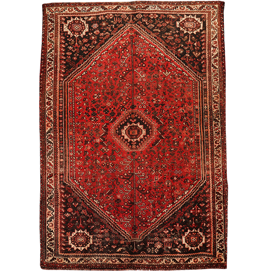 Shiraz Persian Rug 9x6 ft - Semi Antique Medallion Geometric Madder Red, Dark Red, Cream Hand Knotted | front view | SKU 111468