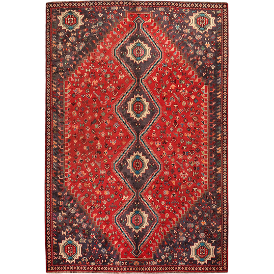 Shiraz Persian Rug 8x5 ft - Semi Antique Geometric, Gol Farang Red, Brown, Cream Hand Knotted | front view | SKU 111469