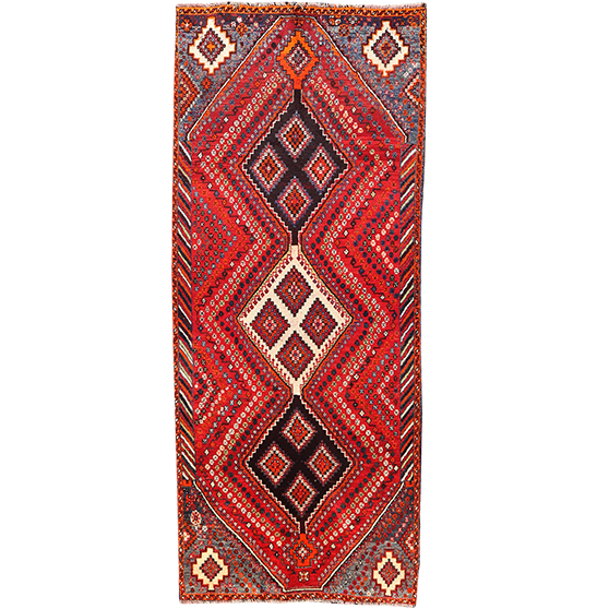 Shiraz Persian Rug 8x3 ft - Semi Antique Geometric, Diamond Lattice Madder Red, Dark Red, Burgundy Hand Knotted | front view | SKU 111470