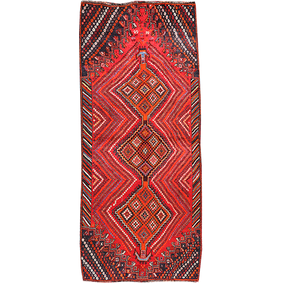 Shiraz Persian Rug 8x3 ft - Semi Antique Geometric, Diamond Lattice Madder Red, Navy Blue, Crimson Hand Knotted | front view | SKU 111471