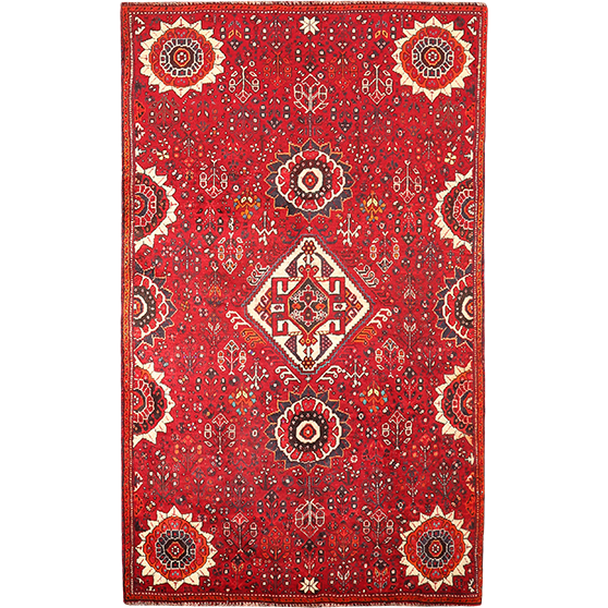 Shiraz Persian Rug 6x3 ft - Antique Medallion Geometric Red, Cream, Navy Blue Hand Knotted | front view | SKU 111472