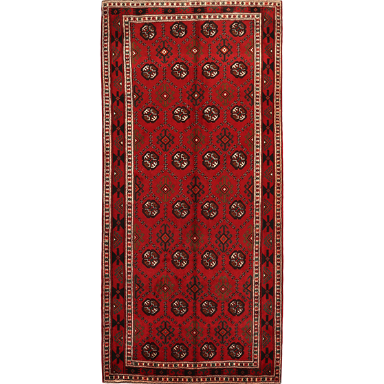 Baluch Persian Rug 9x4 ft - Semi Antique Geometric, Turkmen Gul Red, Madder Red, Dark Red Hand Knotted | front view | SKU 111474