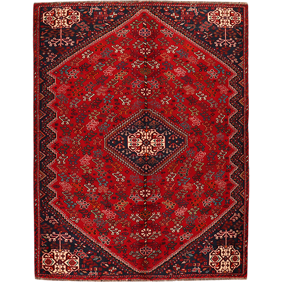 Shiraz Persian Rug 7'2" x 5'7" - Semi Antique Geometric Blue, Red Hand Knotted | front view | SKU 111476