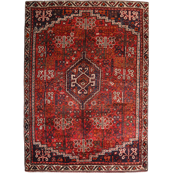 Shiraz Persian Rug 8x6 ft - Semi Antique Medallion Geometric Madder Red, Dark Red, Cream Hand Knotted | front view | SKU 111477