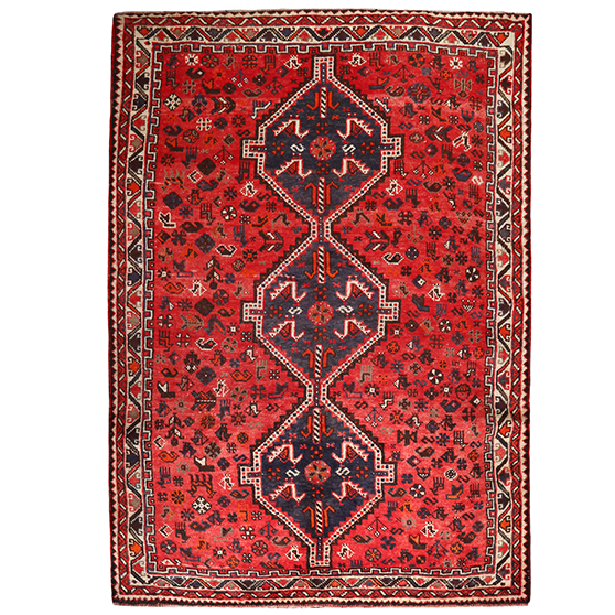 Shiraz Persian Rug 9'6" x 6'7" - Semi Antique Geometric Blue, Red Hand Knotted | front view | SKU 111479