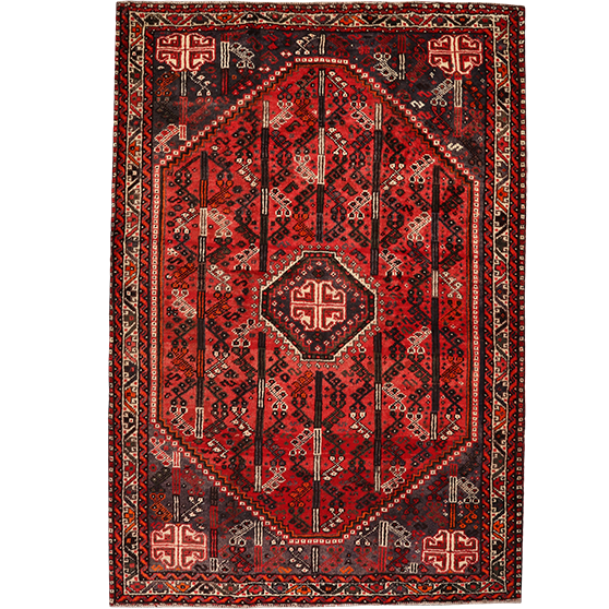 Shiraz Persian Rug 9'8" x 6'4" - Semi Antique Geometric Blue, Red Hand Knotted | front view | SKU 111480