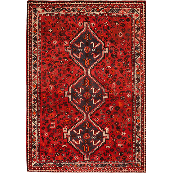 Shiraz Persian Rug 9x6 ft - Semi Antique Geometric, Gol Farang Madder Red, Dark Red, Cream Hand Knotted | front view | SKU 111482