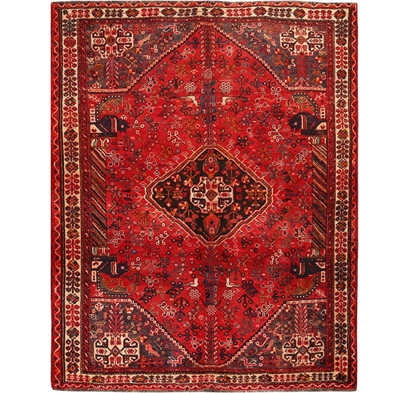 Shiraz Persian Rug 7'7" x 5'10" - Semi Antique Geometric Blue, Red Hand Knotted | front view | SKU 111485