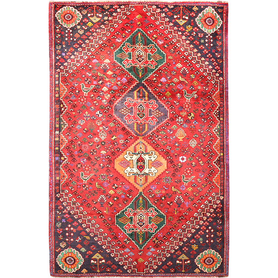 Shiraz Persian Rug 8'7" x 5'7" - Semi Antique Geometric Blue, Red Hand Knotted | front view | SKU 111487