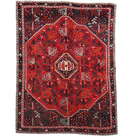 Shiraz Persian Rug 6'11" x 5'3" - Semi Antique Geometric Blue, Red Hand Knotted | front view | SKU 111492