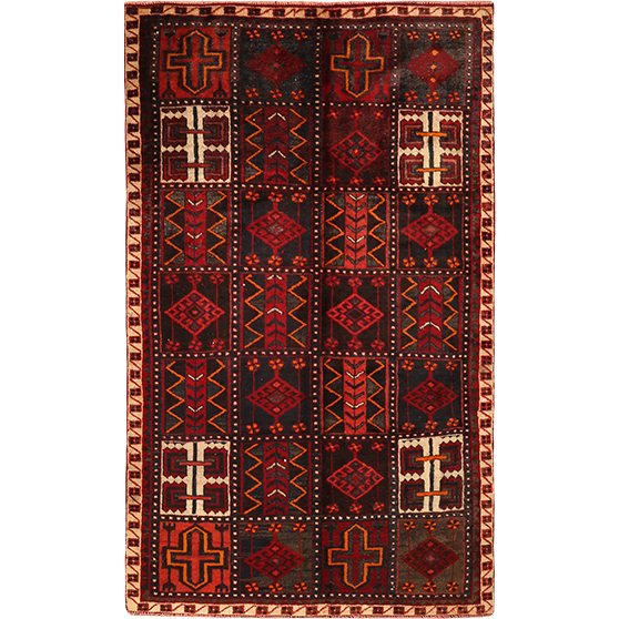Lori Persian Rug 8'0" x 4'9" - Semi Antique Geometric Red, Brown Hand Knotted | front view | SKU 111493